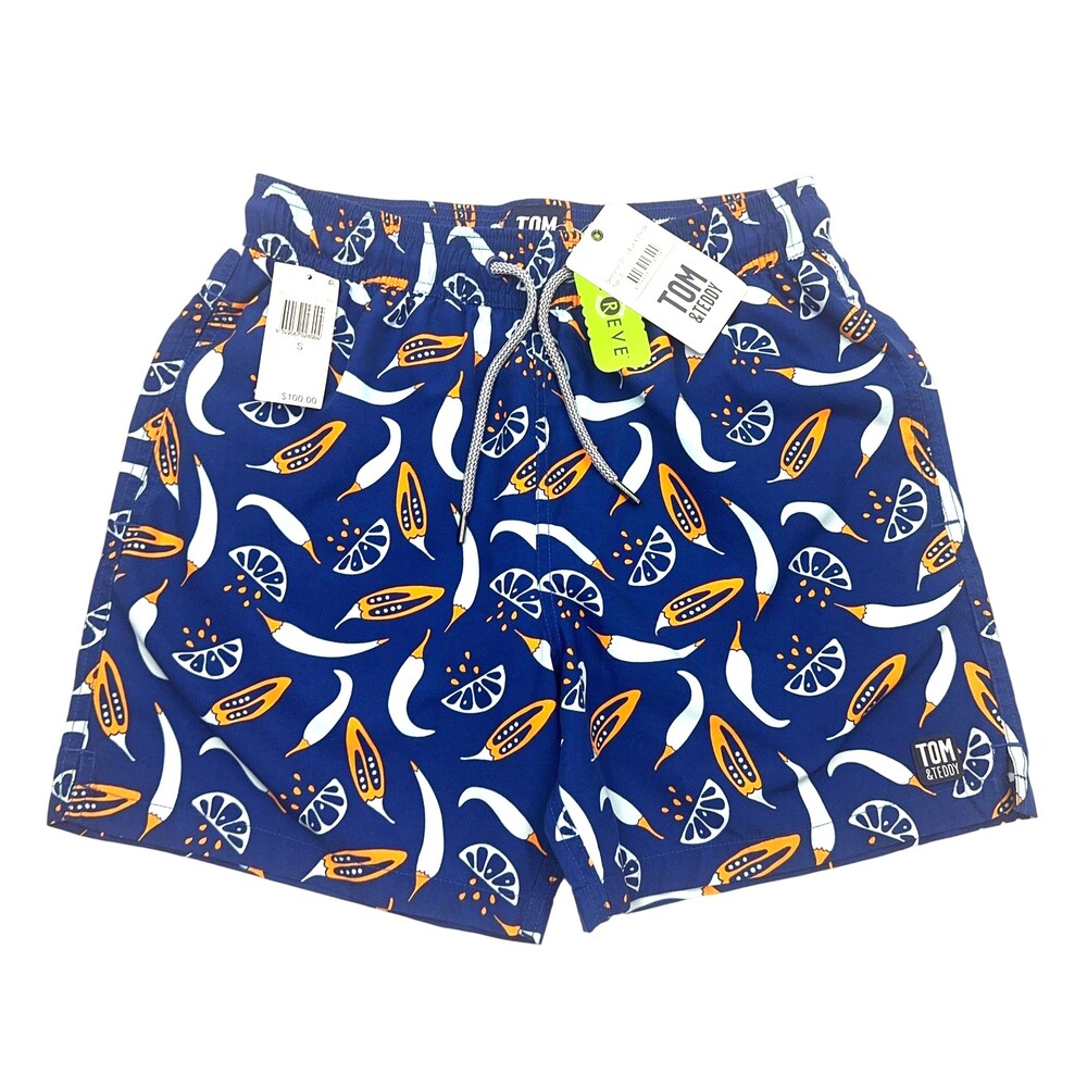 Tom & Teddy Swim Trunks Mens Small Blue Orange Chilli Print Drawstring Shorts